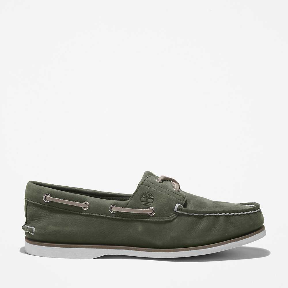 Men\'s Timberland 2-Eye Classic Boat Shoes Dark Green | UAE-5146287