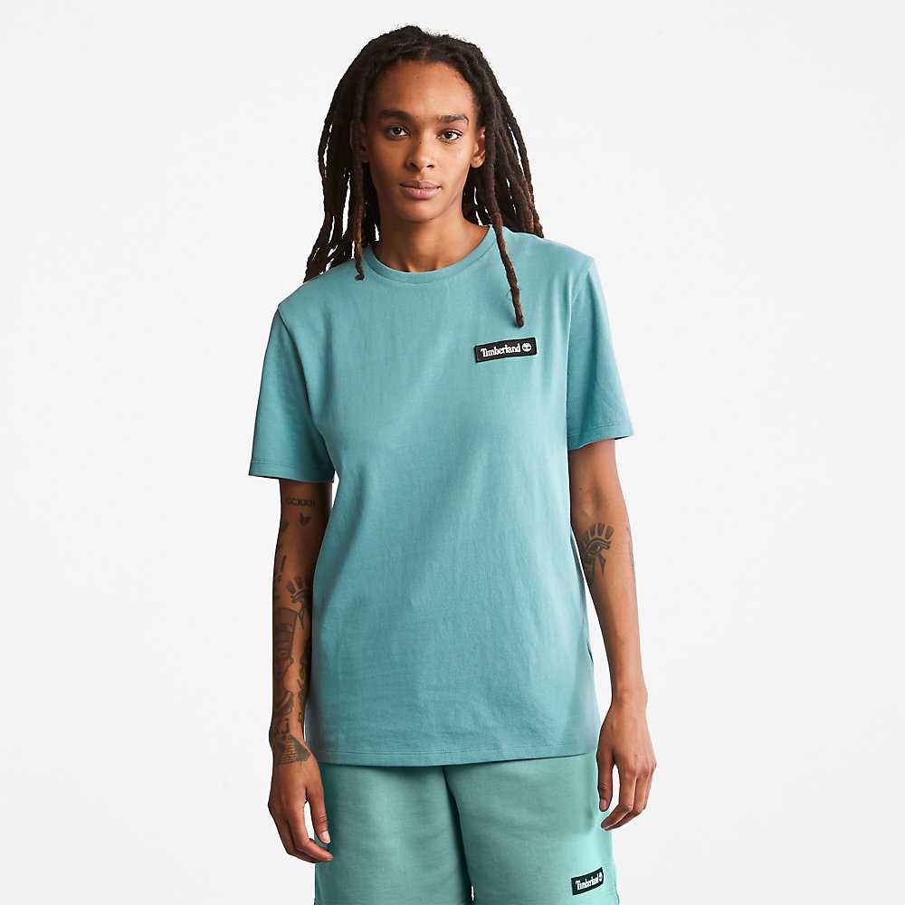 Men's Timberland All Gender Heavyweight Badge T Shirts Turquoise | UAE-6153490