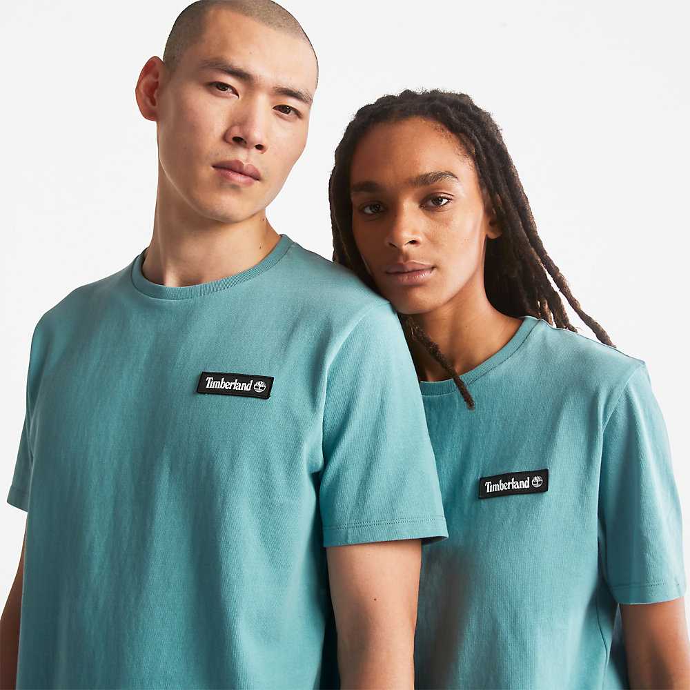 Men's Timberland All Gender Heavyweight Badge T Shirts Turquoise | UAE-6153490