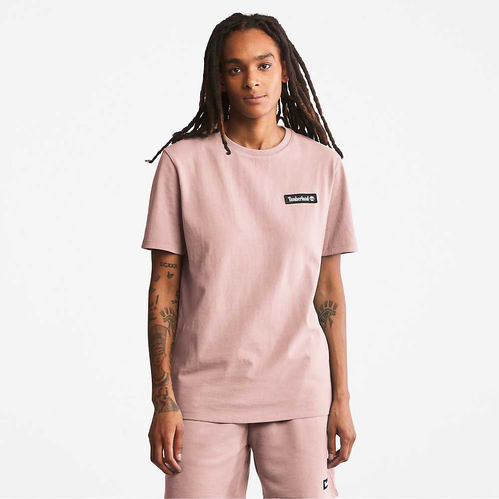 Men's Timberland All Gender Heavyweight Badge T Shirts Pink | UAE-7295631