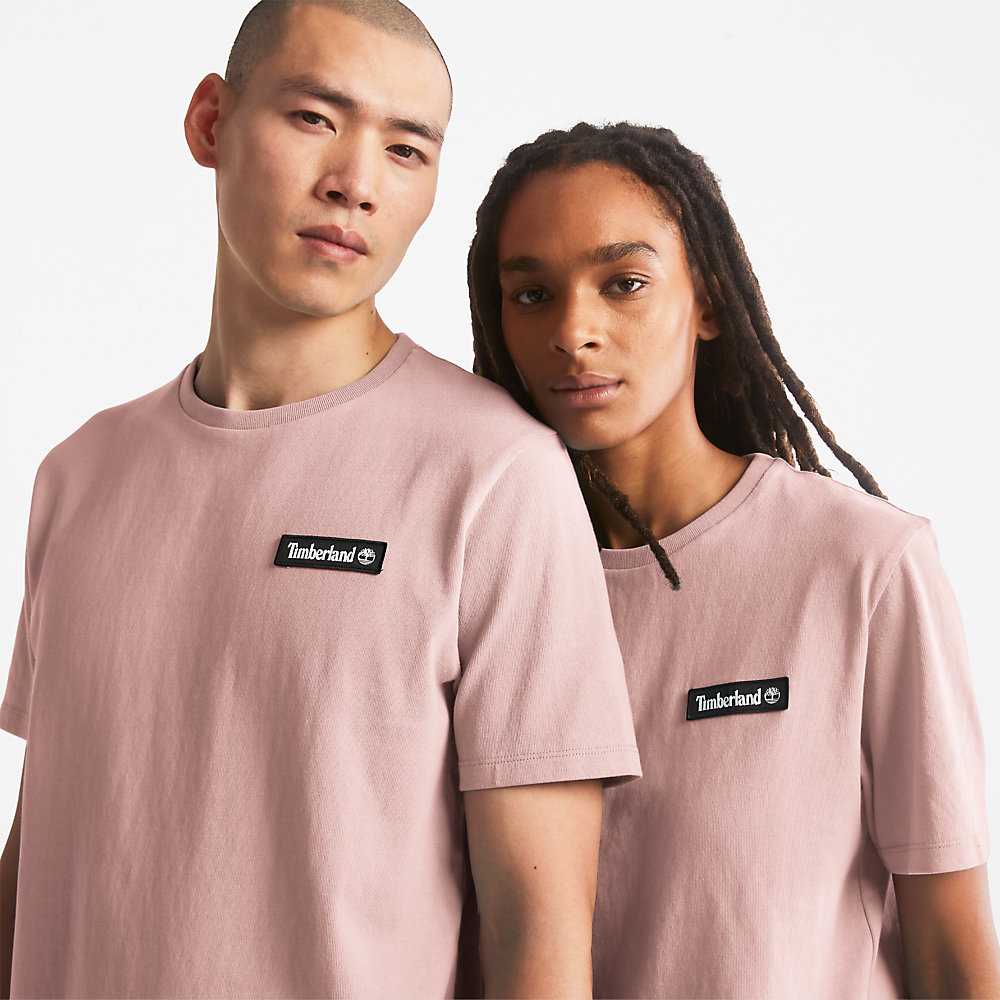 Men's Timberland All Gender Heavyweight Badge T Shirts Pink | UAE-7295631