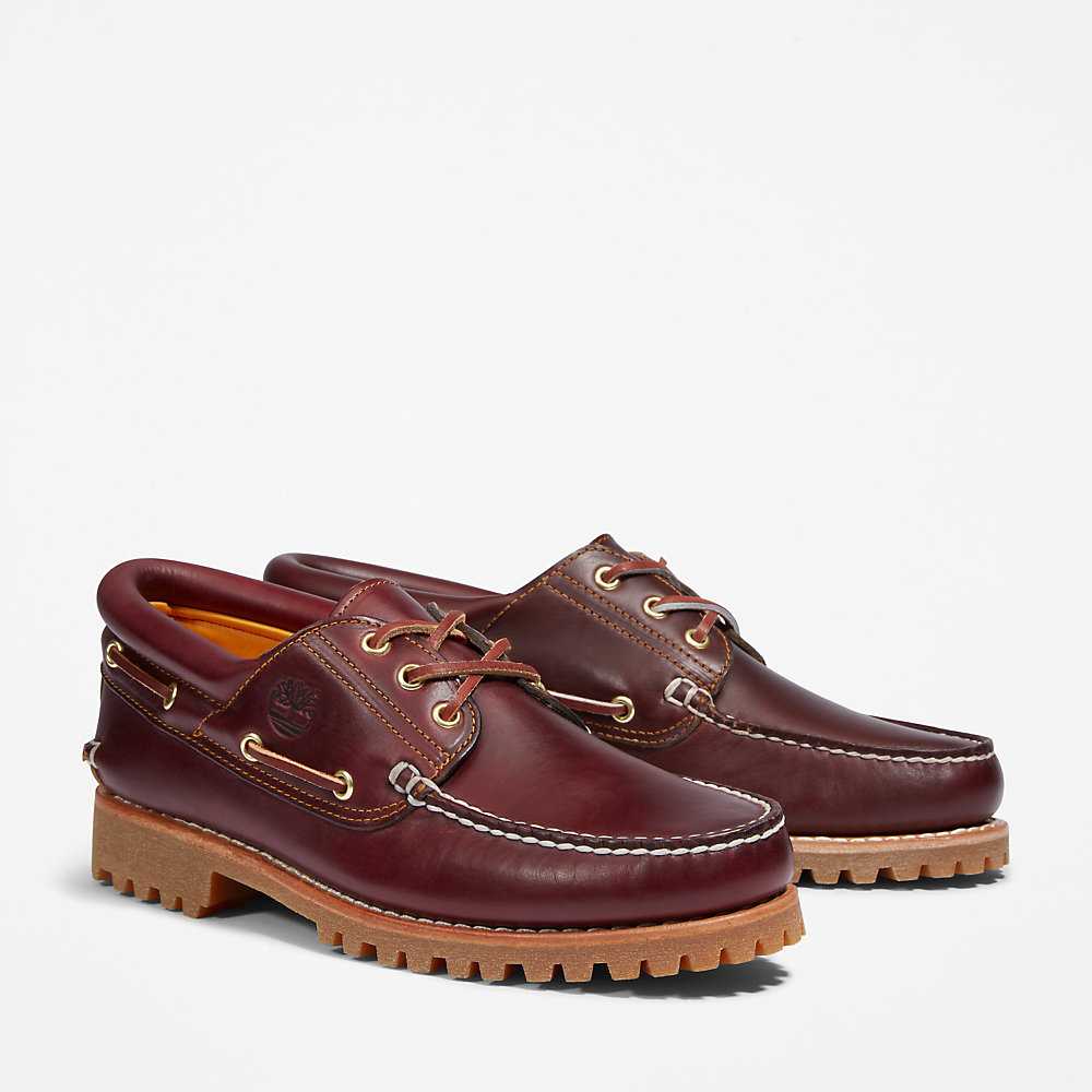 Men's Timberland Authentic 3-Eye Boat Shoes Burgundy | UAE-8204169