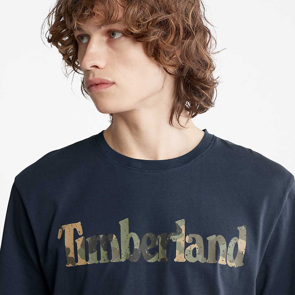 Men's Timberland Camo-Logo T Shirts Dark Blue | UAE-0438561