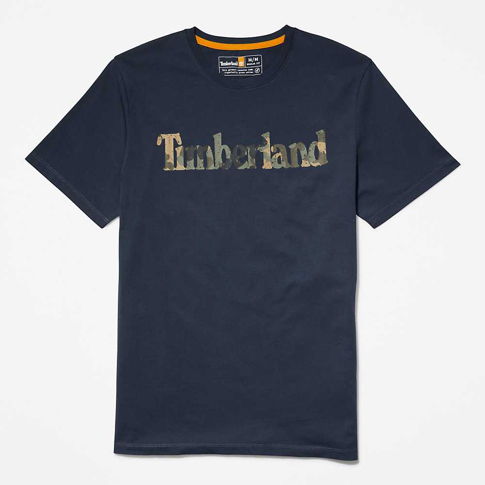 Men's Timberland Camo-Logo T Shirts Dark Blue | UAE-0438561