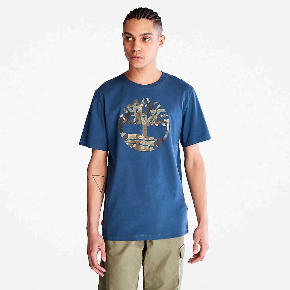 Men\'s Timberland Camo-Logo T Shirts Dark Blue | UAE-4691520