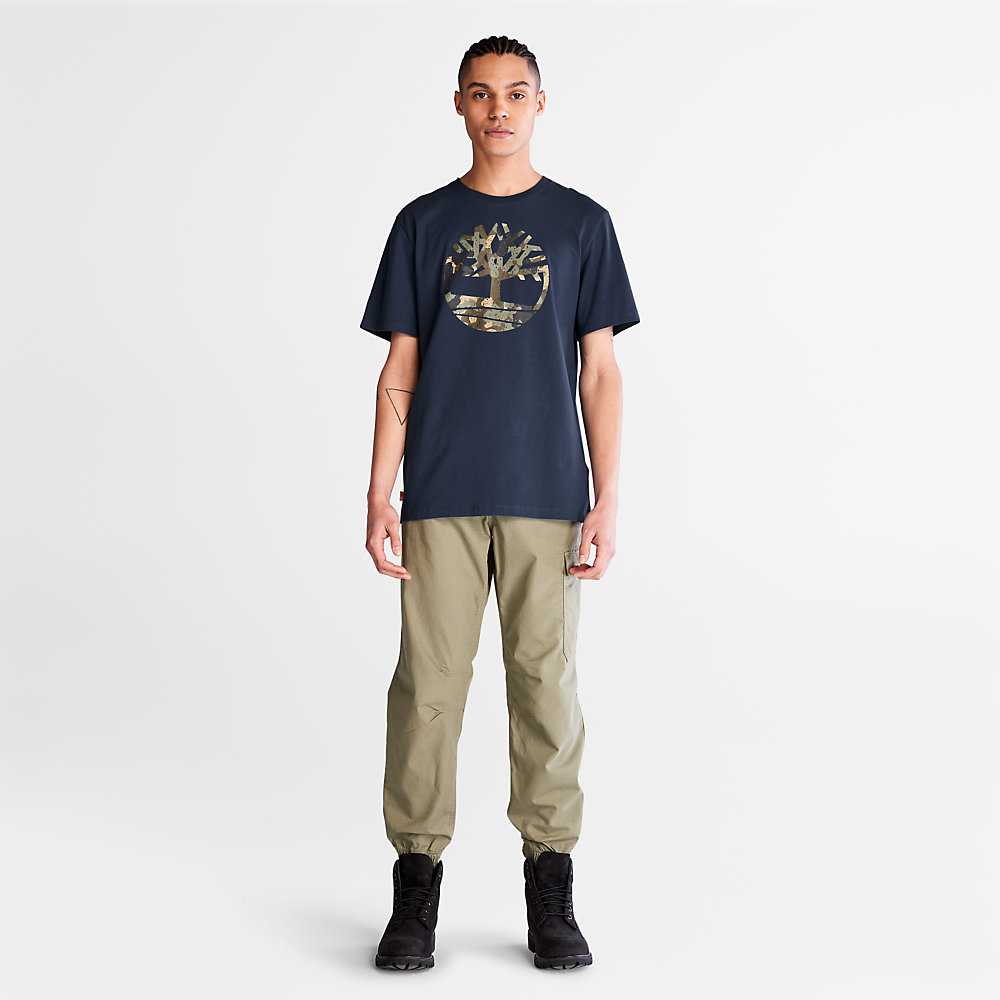 Men's Timberland Camo-Logo T Shirts Dark Blue | UAE-5398670