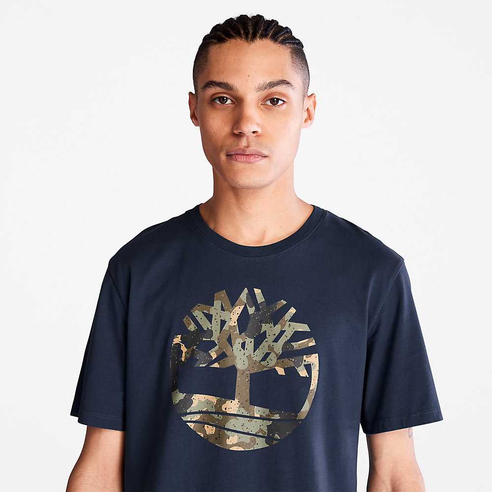 Men's Timberland Camo-Logo T Shirts Dark Blue | UAE-5398670