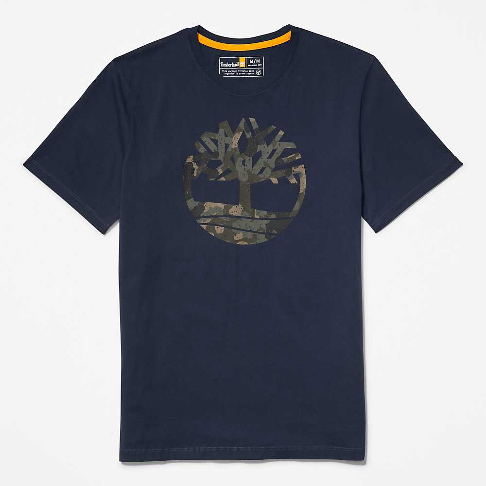 Men's Timberland Camo-Logo T Shirts Dark Blue | UAE-5398670