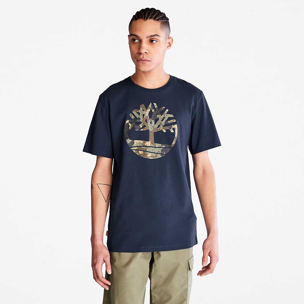 Men\'s Timberland Camo-Logo T Shirts Dark Blue | UAE-5398670