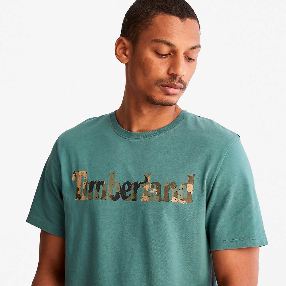 Men's Timberland Camo-Logo T Shirts Turquoise | UAE-0251643