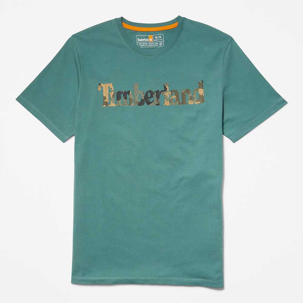 Men's Timberland Camo-Logo T Shirts Turquoise | UAE-0251643