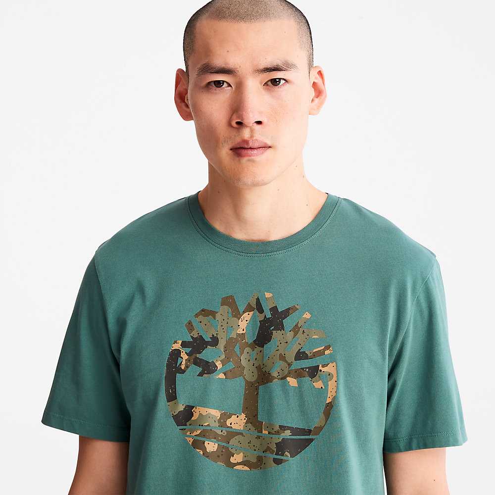 Men's Timberland Camo-Logo T Shirts Turquoise | UAE-2361504