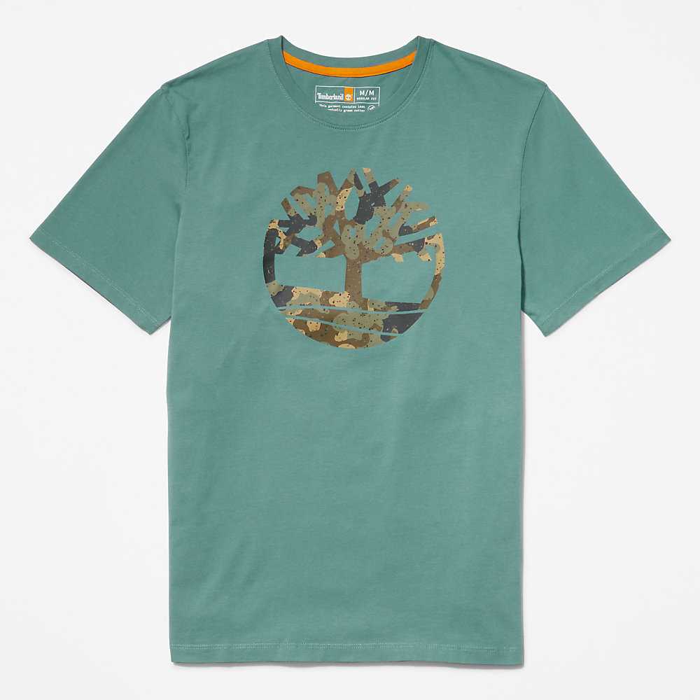 Men's Timberland Camo-Logo T Shirts Turquoise | UAE-2361504