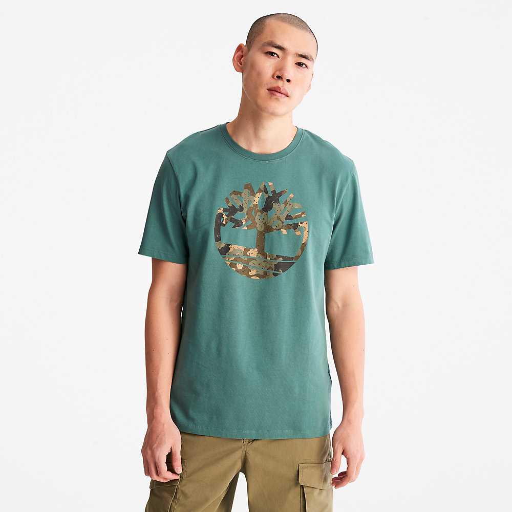 Men\'s Timberland Camo-Logo T Shirts Turquoise | UAE-2361504