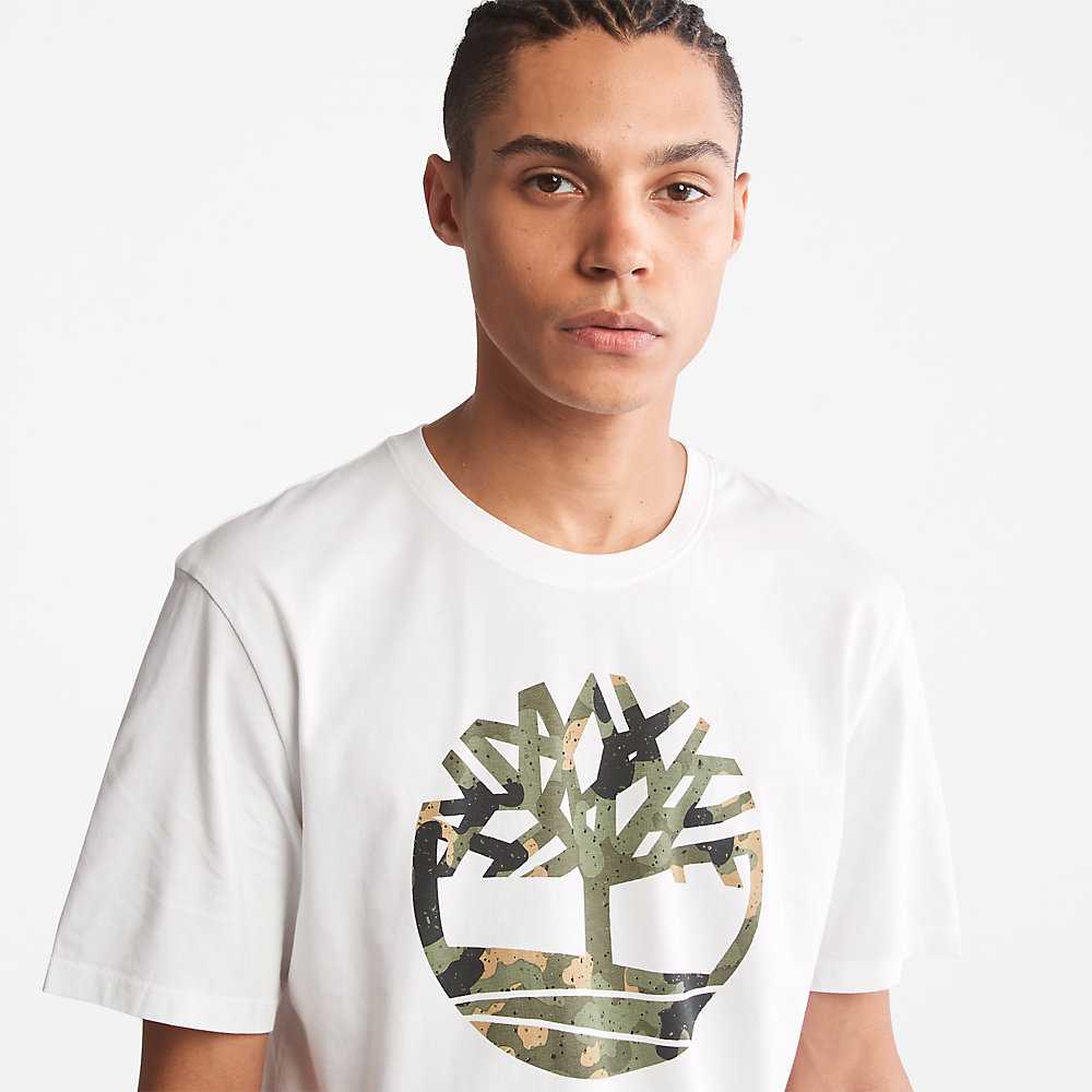 Men's Timberland Camo-Logo T Shirts White | UAE-2831760