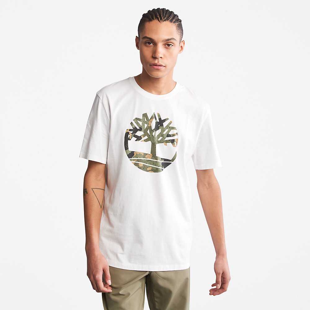 Men\'s Timberland Camo-Logo T Shirts White | UAE-2831760