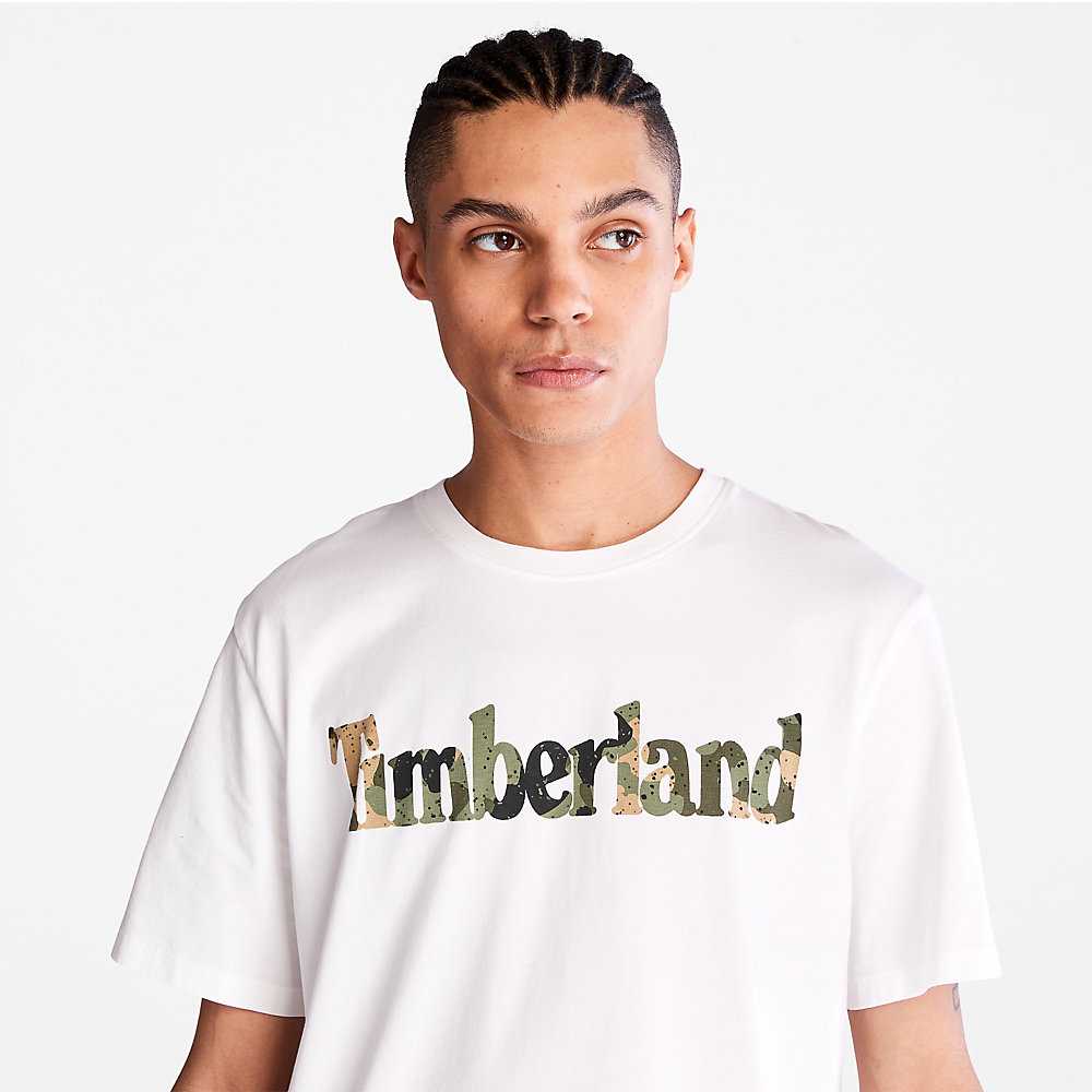 Men's Timberland Camo-Logo T Shirts White | UAE-9341275