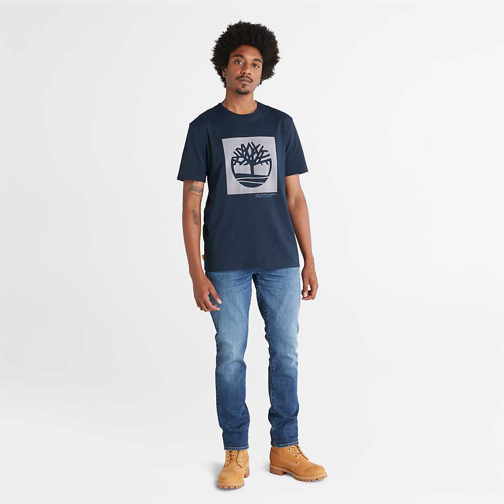 Men's Timberland Dotted Tree-logo T Shirts Dark Blue | UAE-5968217