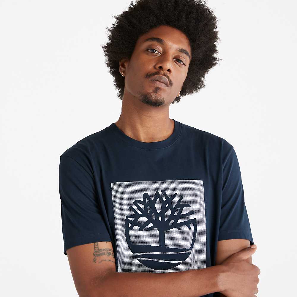 Men's Timberland Dotted Tree-logo T Shirts Dark Blue | UAE-5968217