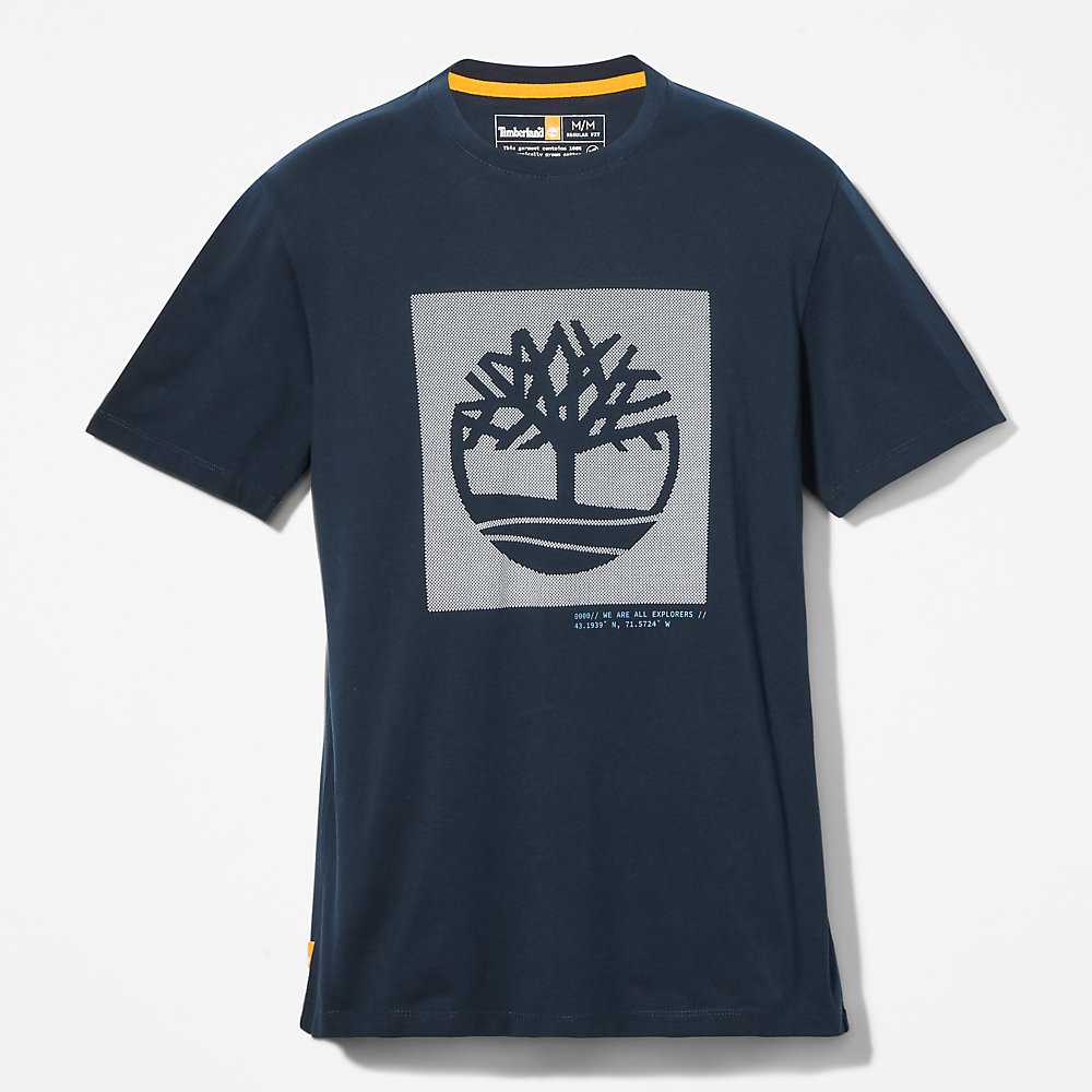 Men's Timberland Dotted Tree-logo T Shirts Dark Blue | UAE-5968217