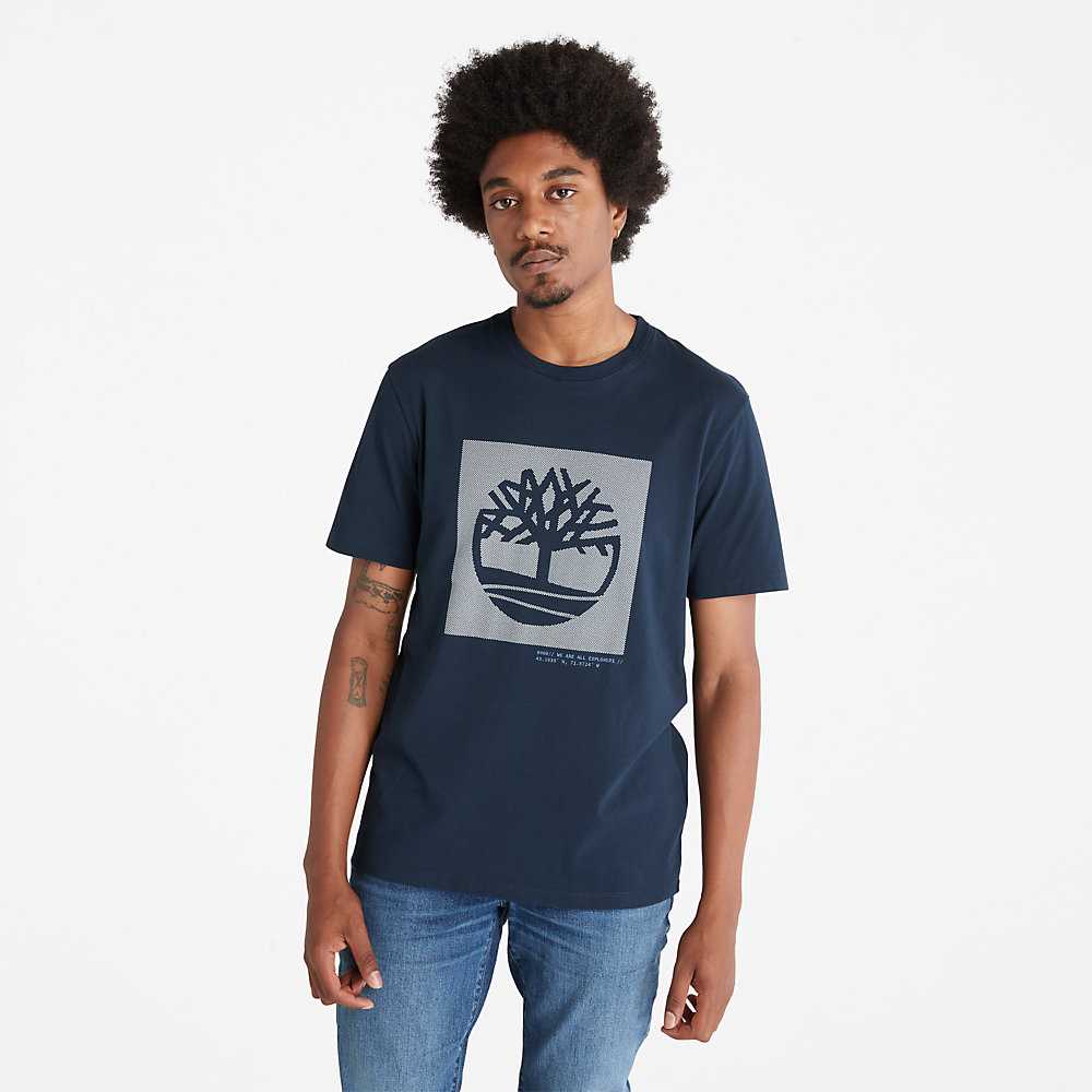 Men\'s Timberland Dotted Tree-logo T Shirts Dark Blue | UAE-5968217