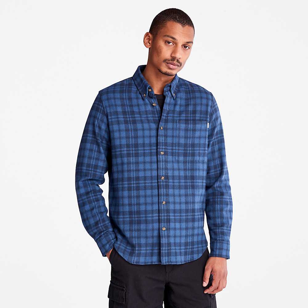 Men\'s Timberland Flannel Check Shirt Dark Blue | UAE-4391658