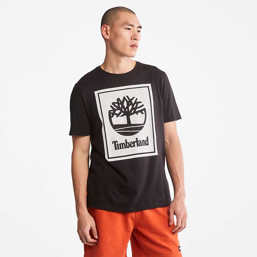 Men's Timberland Stack Logo T Shirts Black/White | UAE-9382574