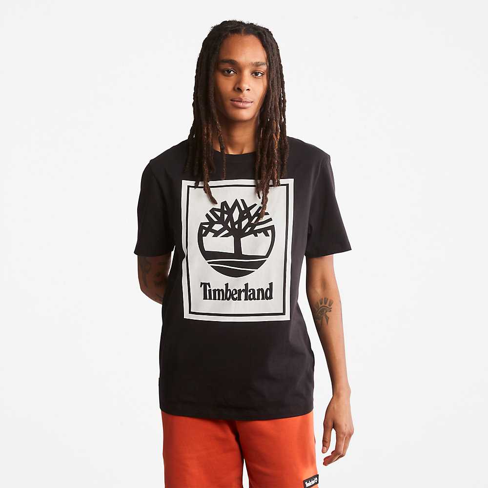 Men's Timberland Stack Logo T Shirts Black/White | UAE-9382574