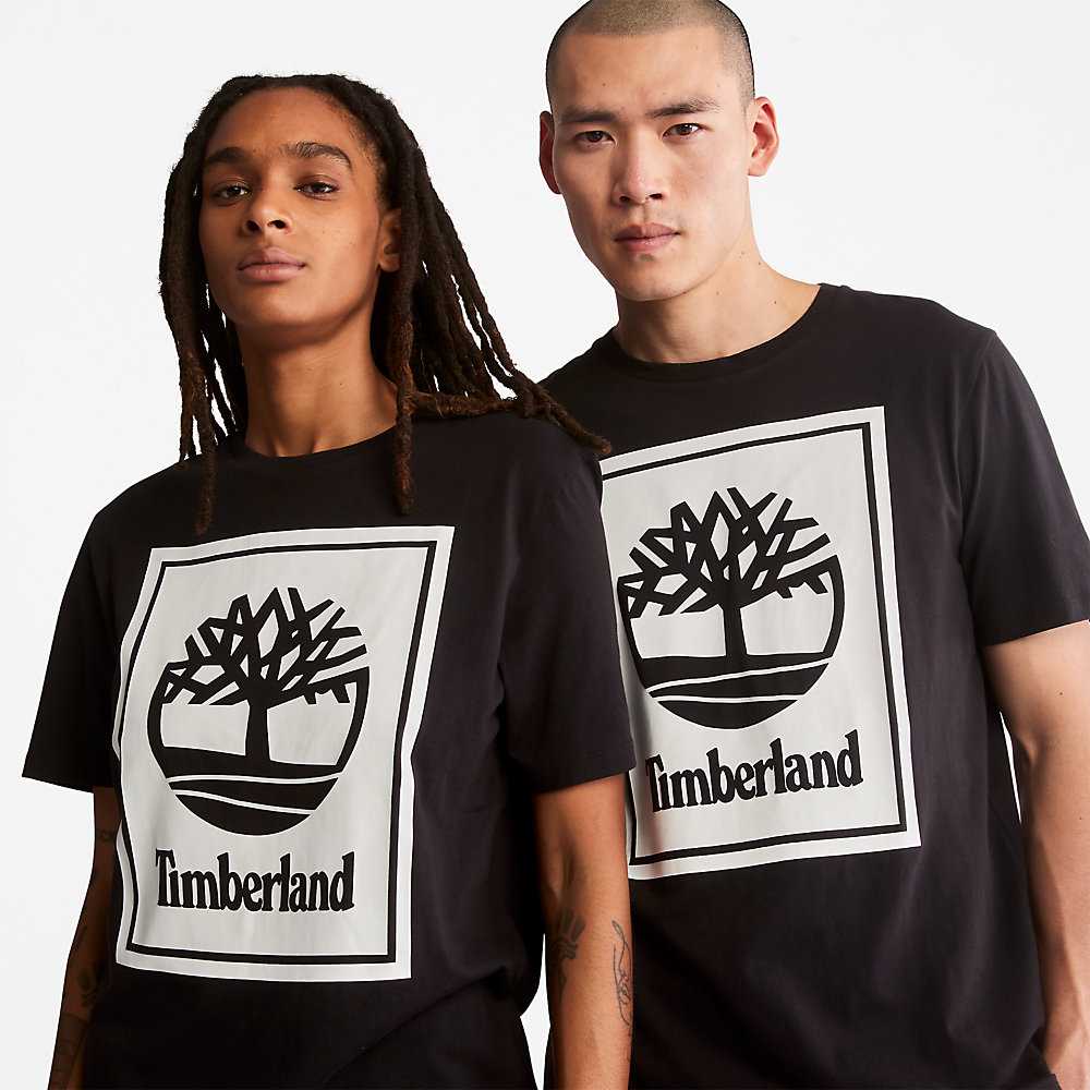 Men's Timberland Stack Logo T Shirts Black/White | UAE-9382574