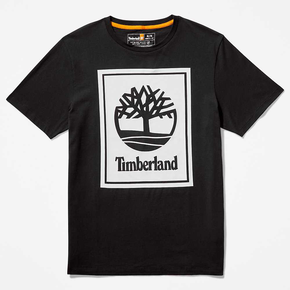 Men's Timberland Stack Logo T Shirts Black/White | UAE-9382574