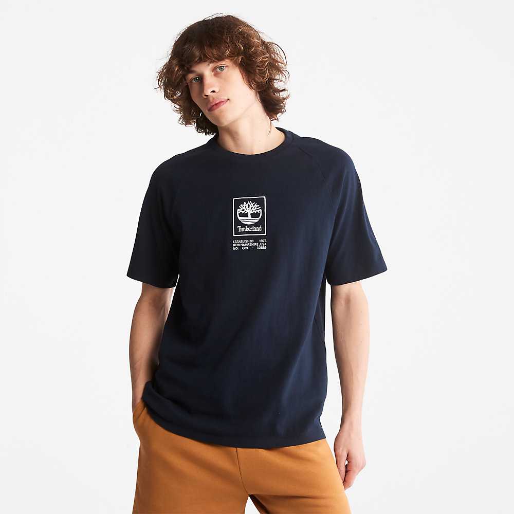 Men's Timberland Stack Logo T Shirts Dark Blue | UAE-5063184