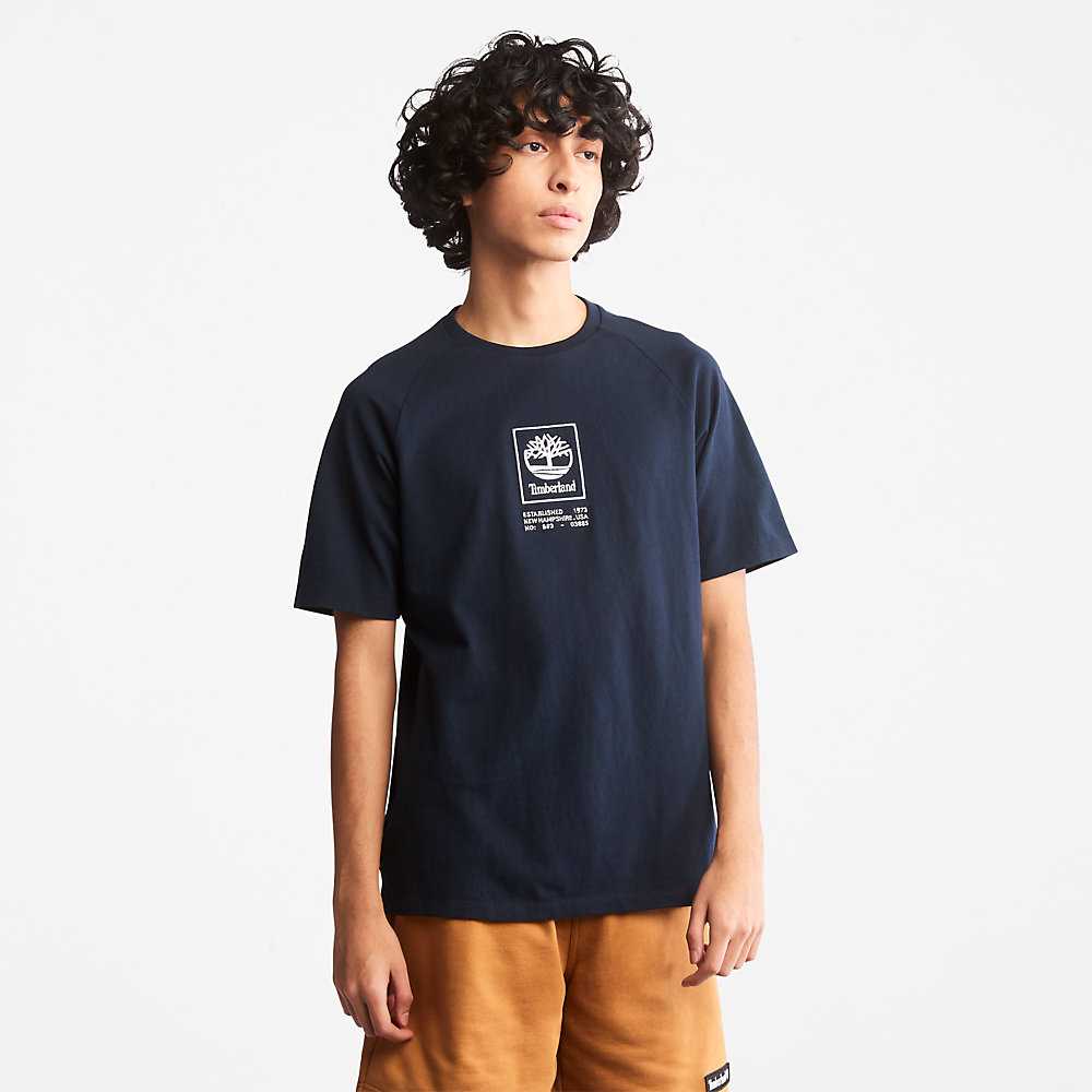 Men's Timberland Stack Logo T Shirts Dark Blue | UAE-5063184