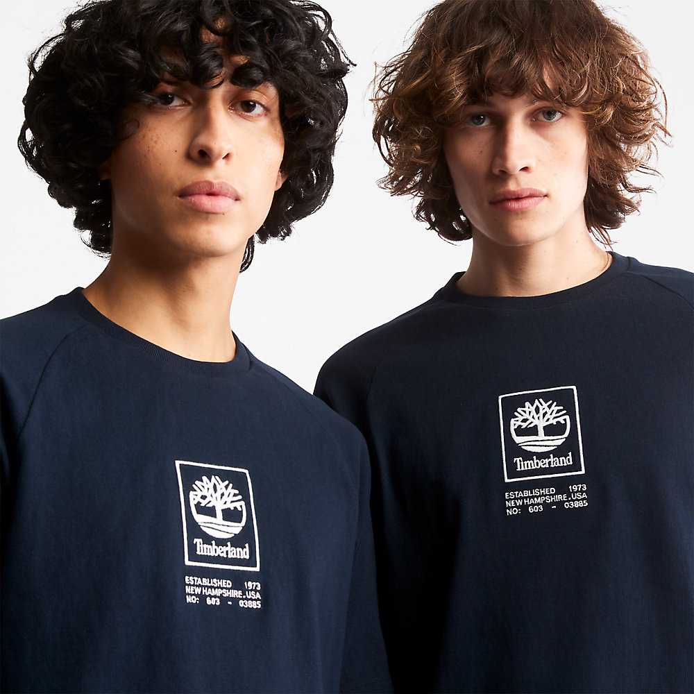 Men's Timberland Stack Logo T Shirts Dark Blue | UAE-5063184