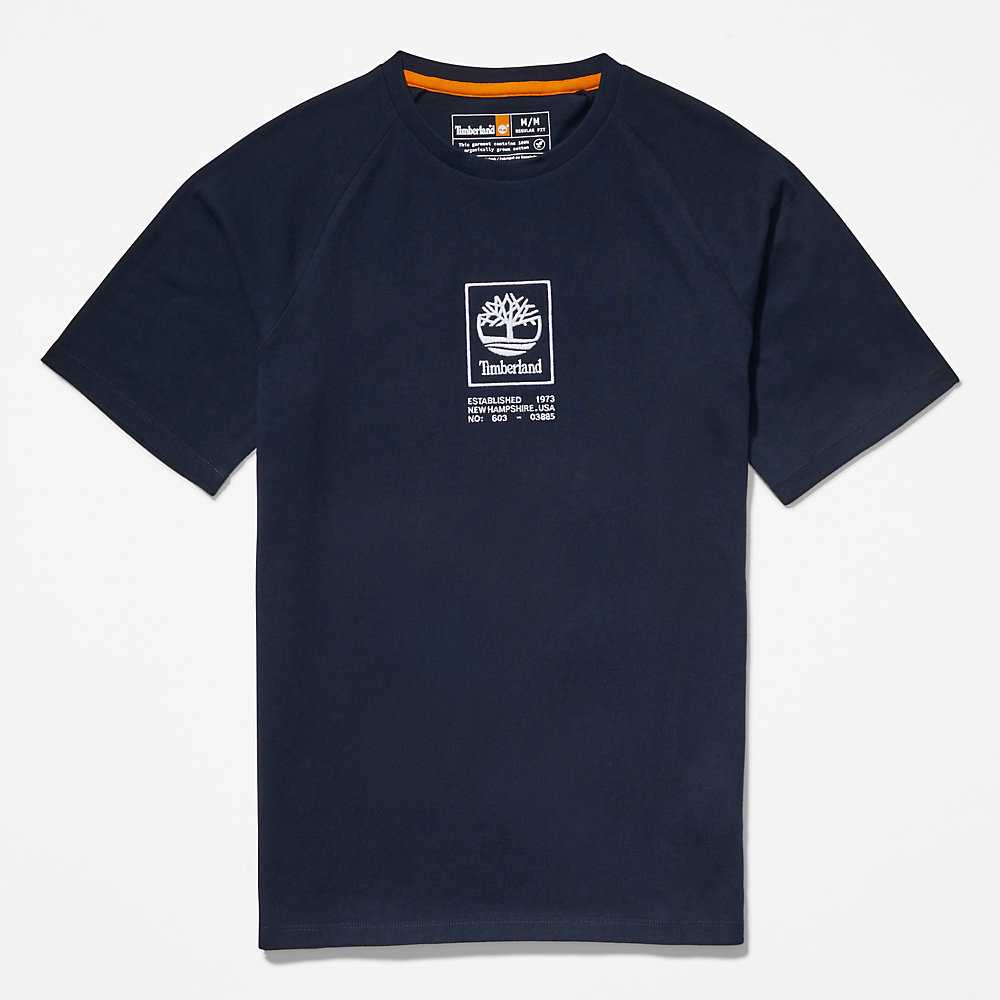 Men's Timberland Stack Logo T Shirts Dark Blue | UAE-5063184