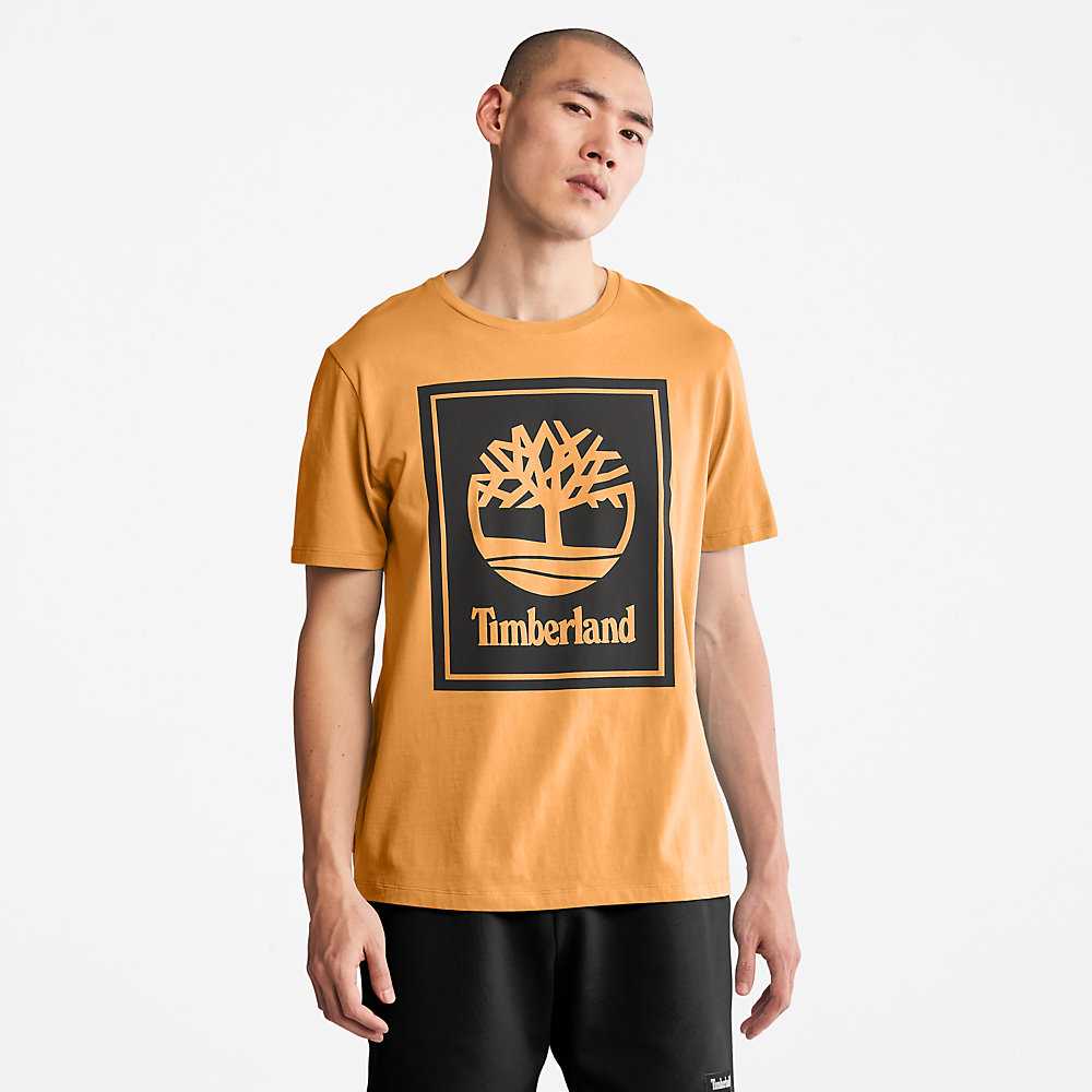 Men's Timberland Stack Logo T Shirts Orange/Black | UAE-1902583