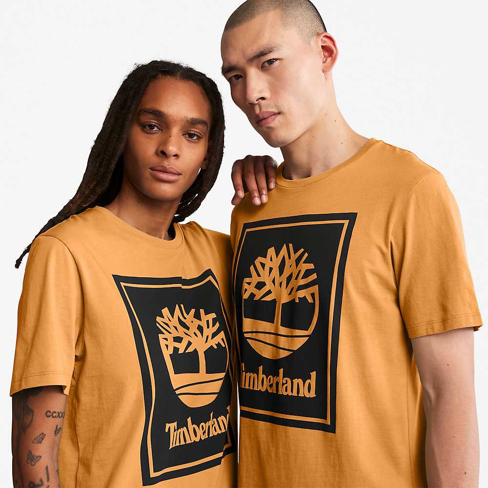 Men's Timberland Stack Logo T Shirts Orange/Black | UAE-1902583