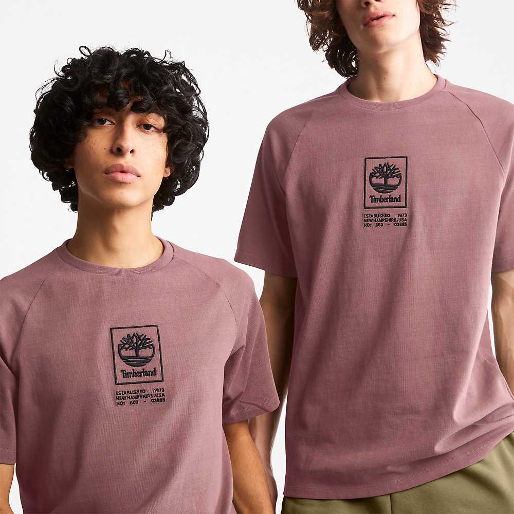 Men's Timberland Stack Logo T Shirts Pink | UAE-4718025