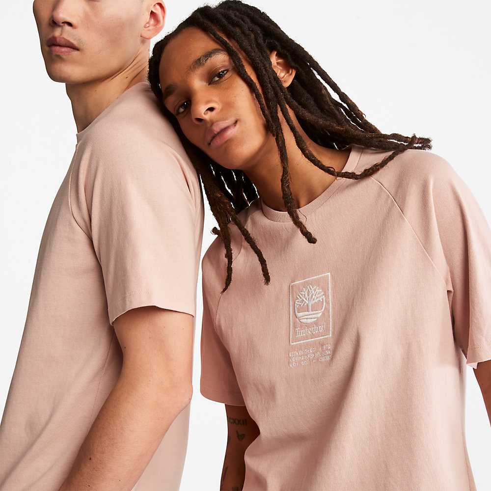 Men's Timberland Stack Logo T Shirts Pink | UAE-8439275