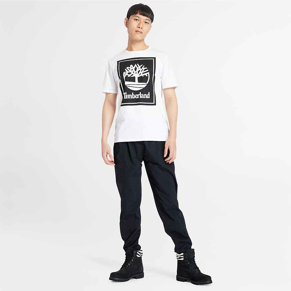 Men's Timberland Stack Logo T Shirts White | UAE-6942801