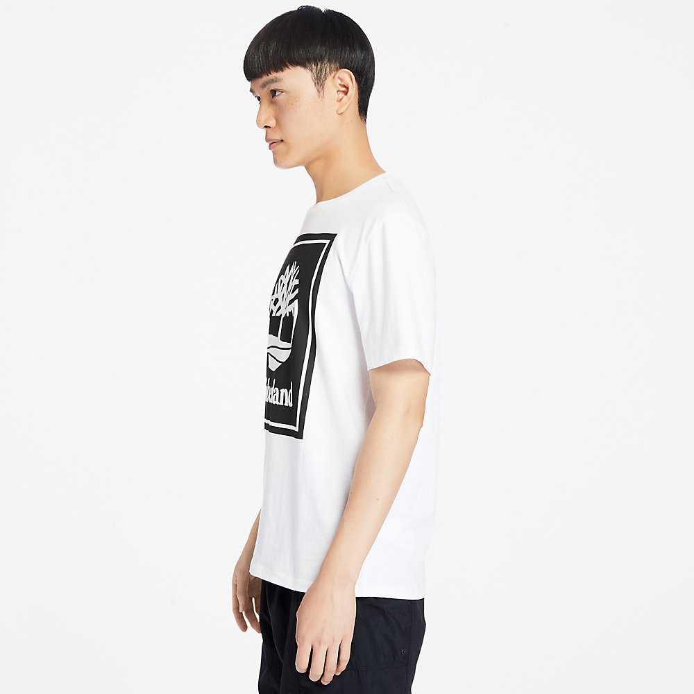 Men's Timberland Stack Logo T Shirts White | UAE-6942801