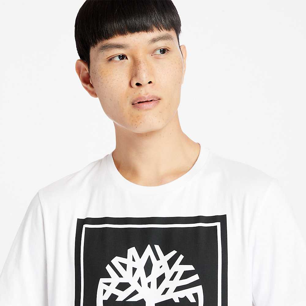 Men's Timberland Stack Logo T Shirts White | UAE-6942801