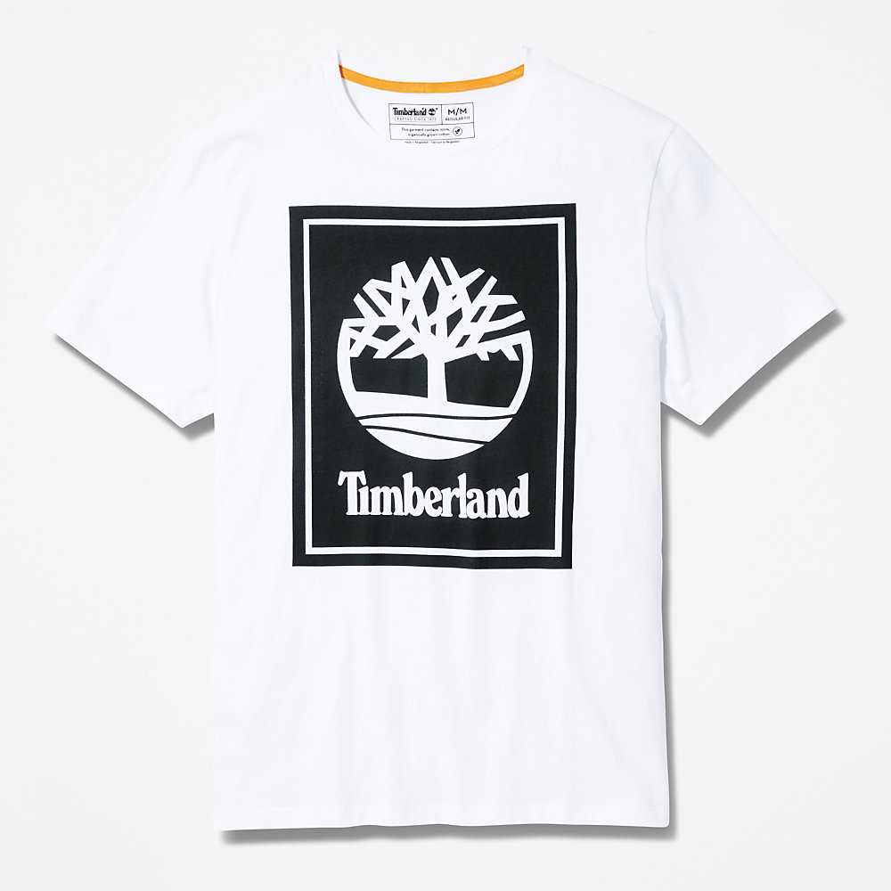 Men's Timberland Stack Logo T Shirts White | UAE-6942801