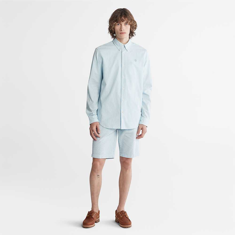 Men's Timberland Striped Seersucker Shirts Light Blue | UAE-7816035