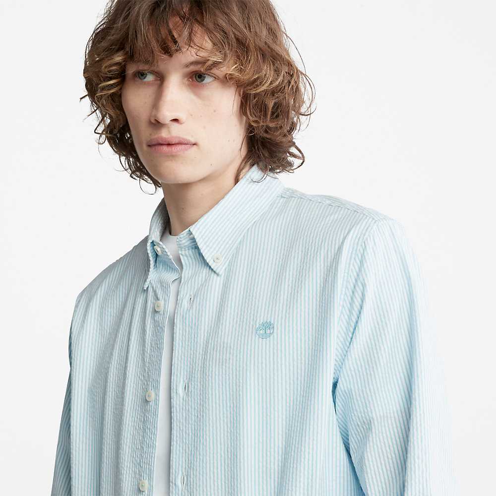 Men's Timberland Striped Seersucker Shirts Light Blue | UAE-7816035