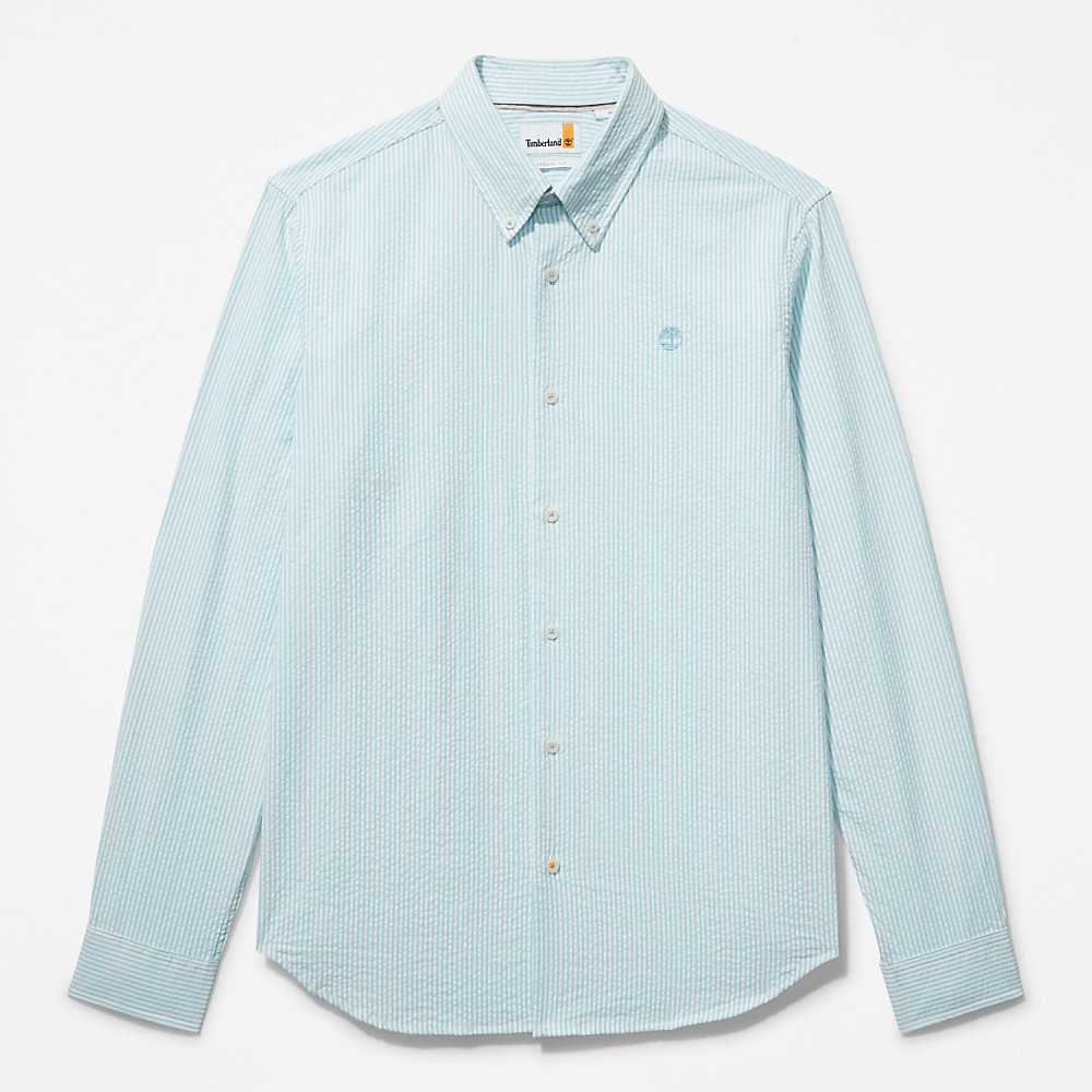 Men's Timberland Striped Seersucker Shirts Light Blue | UAE-7816035