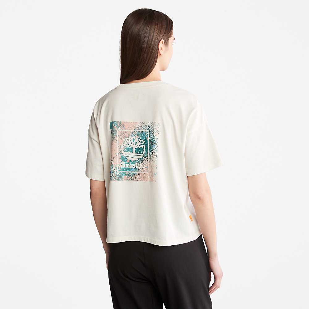 Women's Timberland Back Graphic Logo T Shirts White | UAE-8321564