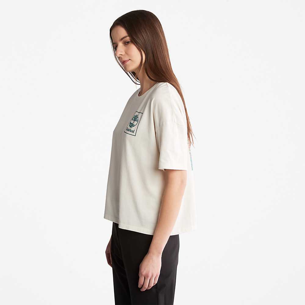 Women's Timberland Back Graphic Logo T Shirts White | UAE-8321564