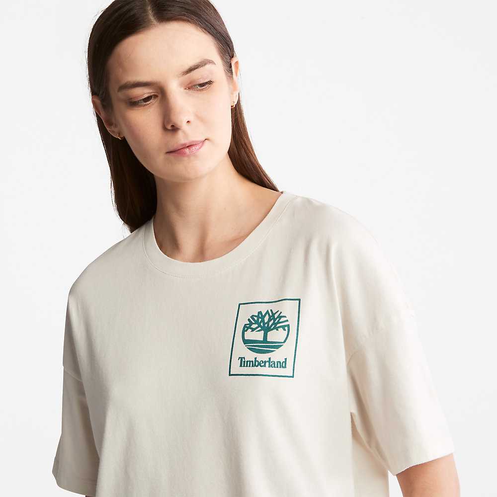 Women's Timberland Back Graphic Logo T Shirts White | UAE-8321564