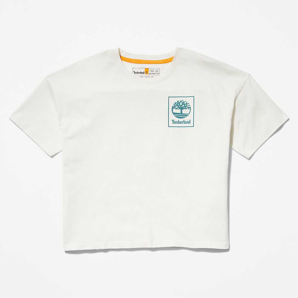 Women's Timberland Back Graphic Logo T Shirts White | UAE-8321564