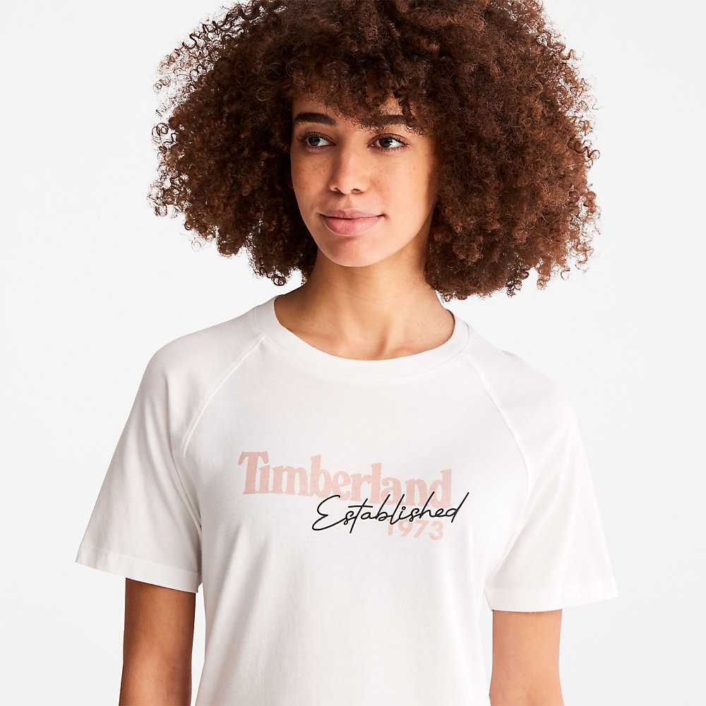 Women's Timberland Raglan-sleeve Logo T Shirts White | UAE-3209845